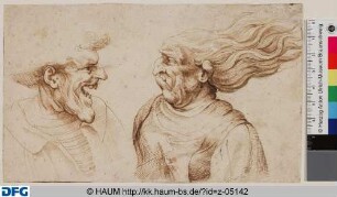 Zwei Karikaturen: links ein Mann mit geöffnetem Mund, rechts eine alte Frau mit fliegendem Haar, Brustbilder, einander zugewandt