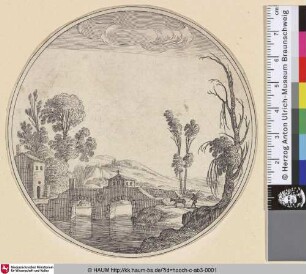 [Landschaft mit steinerner Brücke über einen Fluss]