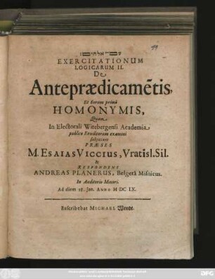 Exercitationum Logicarum II. De Antepraedicame[n]tis, Et Eorum primo Homonymis