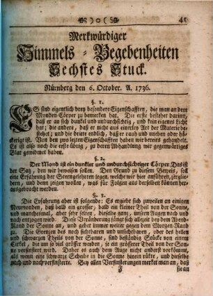 Merkwürdiger Himmels-Begebenheiten Stück ..., 1736,6 (Okt.)