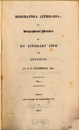 Biographia literaria; or biographical sketches of my literary life and opinions, 1