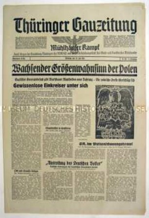 Regionale Tageszeitung der NSDAP "Thüringer Gauzeitung" u.a. zu den Beziehungen zwischen Polen und Großbritannien