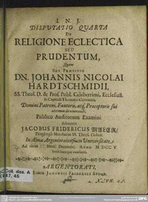 Disputatio Quarta De Religione Eclectica Seu Prudentum