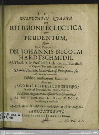 Disputatio Quarta De Religione Eclectica Seu Prudentum