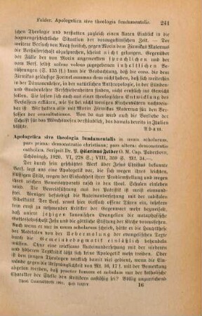 241-242 [Rezension] Felder, Hilarin, Apologeticae sive theologiae fundamentalis ps. ...