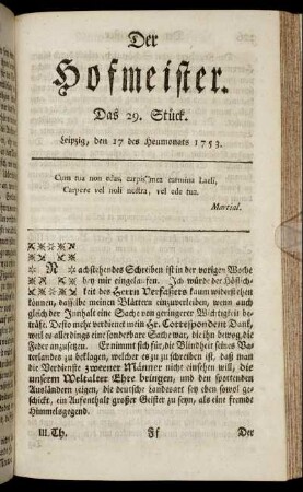 Das 29. Stück. Leipzig, den 17 des Heumonats 1753.