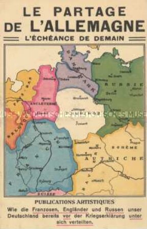 Postkarte mit Karte eines unter den Ententemächten geteilten Deutschland