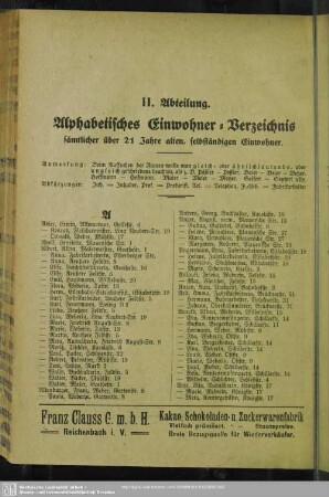 II. Abteilung. Einwohnerverzeichnis : II. Abteilung. Alphabetisches Einwohner-Verzeichnis