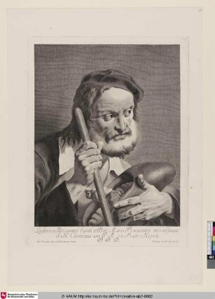 Portrait des Lodovico Rezzonico im Dreiviertelprofil mit Gehstock und korbähnlichem Gefäß in den Händen nach links blickend.