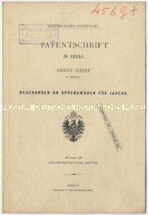Patentschrift über Neuerungen an Sprengwagen für Jauche, Patent-Nr. 12151