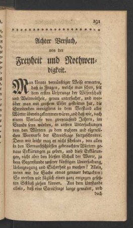 Achter Versuch, von der Freyheit und Nothwendigkeit