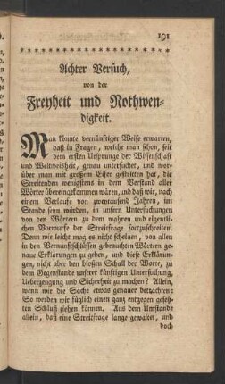 Achter Versuch, von der Freyheit und Nothwendigkeit