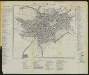 Plan von Chemnitz , Lithographie, 1872 : Plan der Stadt Chemnitz / gef. v. Trubenbach. - Chemnitz : Oschatz, [1872]. - 1 Kt. : mehrfarb. Lithogr. ; 31 x 26 cm. - Mit Straßenverz. und Gebäudekennung