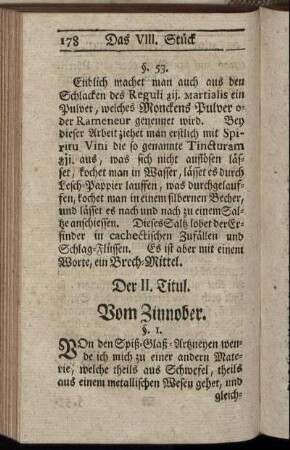 Der II. Titul. Vom Zinnober. - Der V. Titul. Von dem gemeinen Schwefel und Schwefel-Artzneyen.