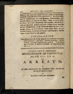 430-450, Meditat. Ad Pandect. Sp. CCCCLXXV. De Arresto. Meditat. Ad Pandect. Sp. CCCCLXXVI. De Exseqvvtione.