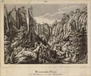 Der Wachturm und die Sennerhütte in der Adersbach-Weckelsdorfer Felsenstadt (Adršpašsko-Teplické skály) im nordöstlichen Teil Böhmens, aus dem Sammelwerk Beschreibung vom Felsenthal bei Weckelsdorf
