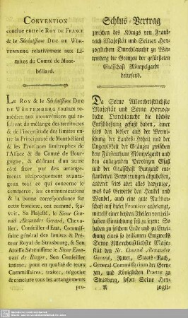 Convention conclue entre le Roy De France & le Sérénissime Duc De Würtemberg relativement aux Limites du Comté de Montbéliard