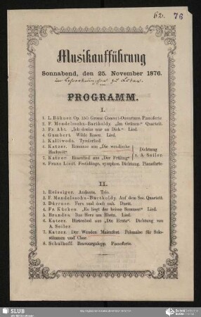 Musikaufführung Sonnabend, den 25. November 1876