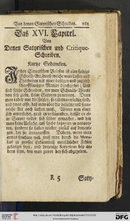 Das XVI. Kapitel: Von denen Satyrischen und Critique-Schreiben
