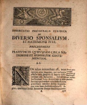 Dissertatio Ivridica Inavgvralis De Diverso Sponsalivm Et Matrimonii Ivre