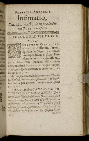 Intimatio, Seu ipsus Authoris in prælectiones Joelis præfatio.