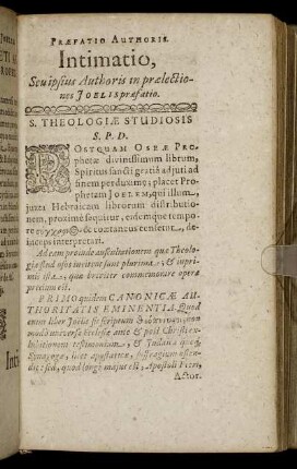 Intimatio, Seu ipsus Authoris in prælectiones Joelis præfatio.