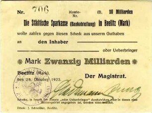 Beelitz, Stadt: 20 Milliarden Mark 1923