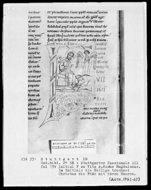Stuttgarter Passionale — Ergänzungsband — Initiale F (uit igitur beatissima), darin Maria Magdalena trocknet Christus die Füße, Folio 13verso