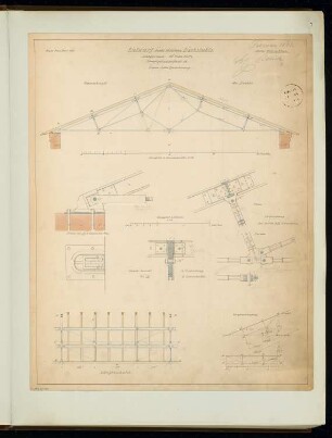 Eiserner Dachstuhl Monatskonkurrenz Februar 1861: Längsschnitt, Querschnitt, mehrere Details; 2 Maßstabsleisten, Maßangaben