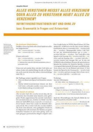 Alles verstehen heisst alles verzeihen oder alles zu verstehen heißt alles zu verzeihen? Infinitivkonstruktionen mit und ohne zu (aus: Grammatik in Fragen und Antworten)