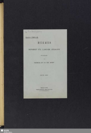 [Beilage zu Bl.1-2:] Manitius, M.: Handschriftliches zu Ciceros Orationes Philippicae. Aus: Hermes. 38(1903), S. 317f.