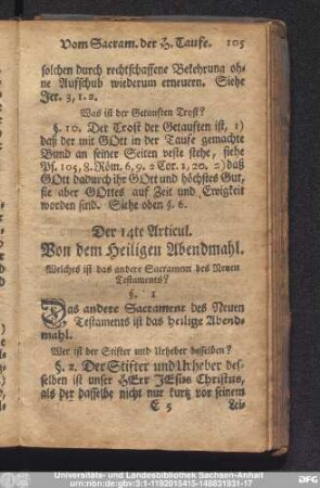 Der 14te Articul. Von dem Heiligen Abendmahl.