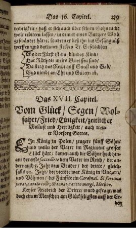 Das XVII. Capitel. Vom glück/ Segen/ Wolfahrt/ Fried/ Einigkeit/ zeitlicher Wollust und Herrligkeit/ auch treuer Vorsorg Gottes