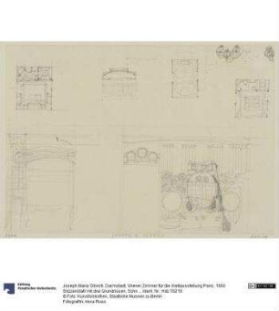 Darmstadt, Wiener Zimmer für die Weltausstellung Paris, 1900 Skizzenblatt mit drei Grundrissen, Schnitt, Aufriss und ornamentalen Details