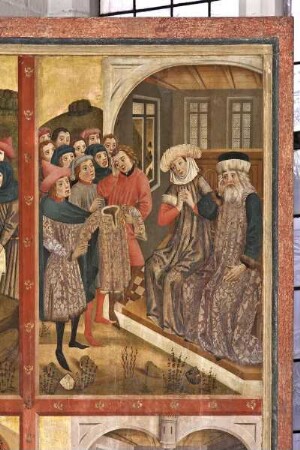 Hauptaltar, sog. Erzväteraltar — Szenen der Geschichte der Erzväter — Rechter, äußerer Altarflügel (Innenseite) mit vier Bildfeldern — Josephs mit Blut getränkter Mantel wird Jakob gebracht