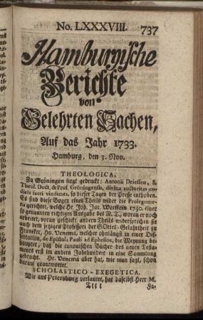 No. LXXXVIII. Hamburg, den 3. Nov. 1733. - No. XCV. Hamburg, den 27. Nov. 1733.