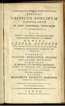 Dissertatio Inauguralis Medico-Obstetricia Sistens Criticen Forcipum Nonullarum In Arte Obstetricia Usitatarum : ... Ad Diem V. Iulii MDCCC. ... Cum tabula aenea