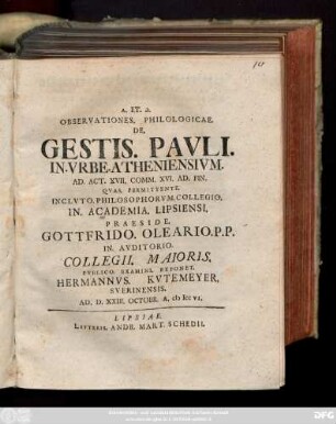 Observationes Philologicae. De Gestis Pavli. In. Vrbe. Atheniensivm : Ad Act. XVII. Comm. XVI. Ad Fin.