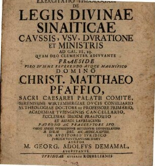 Exercitatio theol. de legis divinae sinaiticae causis, usu, duratione et ministris, ad Gal. III. 19.