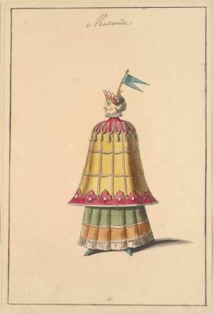Kostümentwurf: beflaggte Dame in glockenförmigem Kostüm - "Mascarade"