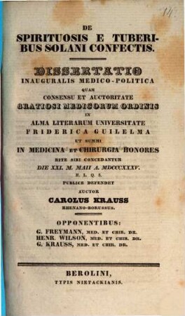 De spirituosis e tuberibus solani confectis : dissertatio inauguralis medico-politica
