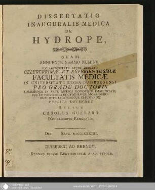 Dissertatio Inauguralis Medica De Hydrope