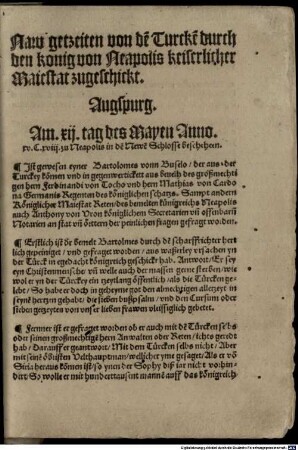Naw getzeiten von den Turcken durch den Konig von Neapolis keiserlicher Maiestat zugeschickt