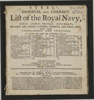 Steel's Original and Correct List of the Royal Navy, hired Armed-Vessels, Gun-Boats, Revenue and Excise Cutters, Packets, and India Ships, with their Commanders and Stations. - Corrected to August, 1797