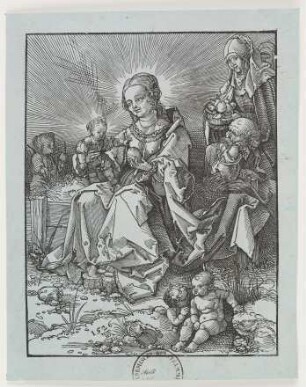 Maria mit dem Kind auf der Rasenbank mit Josef und Anna und zwei kosenden Kindern