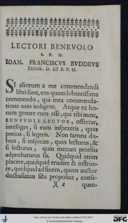 Lectori Benevolo S. P. D. Ioan. Franciscus Buddeus Theol. D. Et P. P. O.