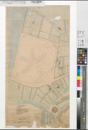 Münster (Münster) neue Strafanstalt Lageplan 1857 350 Fuß = 17,4 cm 74 x 39 kol. Zeichnung, Farbfoto Hauptner, Bauinspektor KSM Nr. 1078a