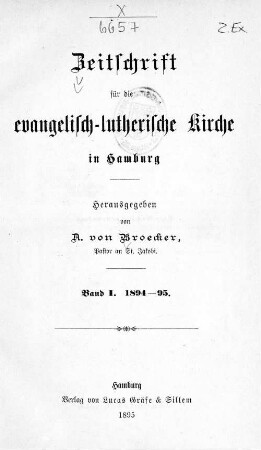 1.1894/95: Zeitschrift für die Evangelisch-Lutherische Kirche in Hamburg