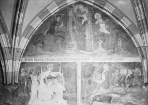 Wandmalerei im 4. Joch von Osten — Feld 4: Oben: Maria als Gottesmutter und Überwinderin des Bösen zertritt die Schlange. Unten links: Judith, auf einem Thron sitzend, mit dem Haupt des Holofernes. Unten rechts: David trägt das Haupt des erschlagenen Goliath