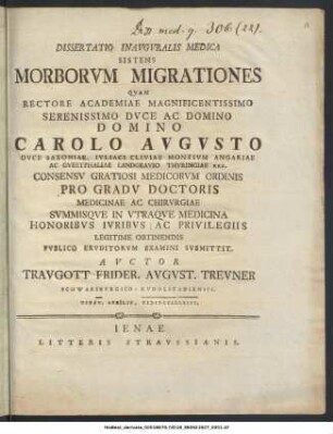 Dissertatio Inavgvralis Medica Sistens Morborvm Migrationes